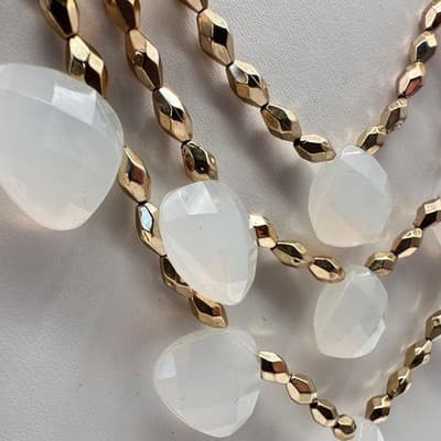 Vintage Y2K Multi Stand Gold Tone Statement Necklace White Faux Moonstone Beaded - Thumbnail 3
