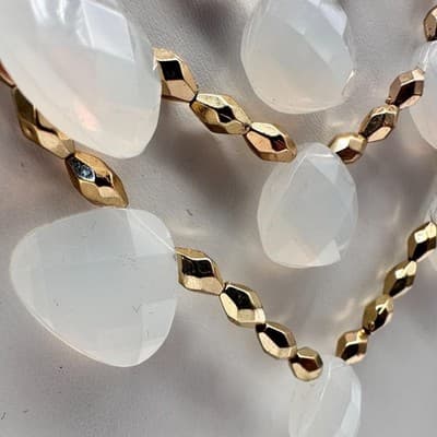 Vintage Y2K Multi Stand Gold Tone Statement Necklace White Faux Moonstone Beaded - Thumbnail 4