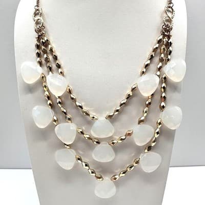 Vintage Y2K Multi Stand Gold Tone Statement Necklace White Faux Moonstone Beaded - Image 1