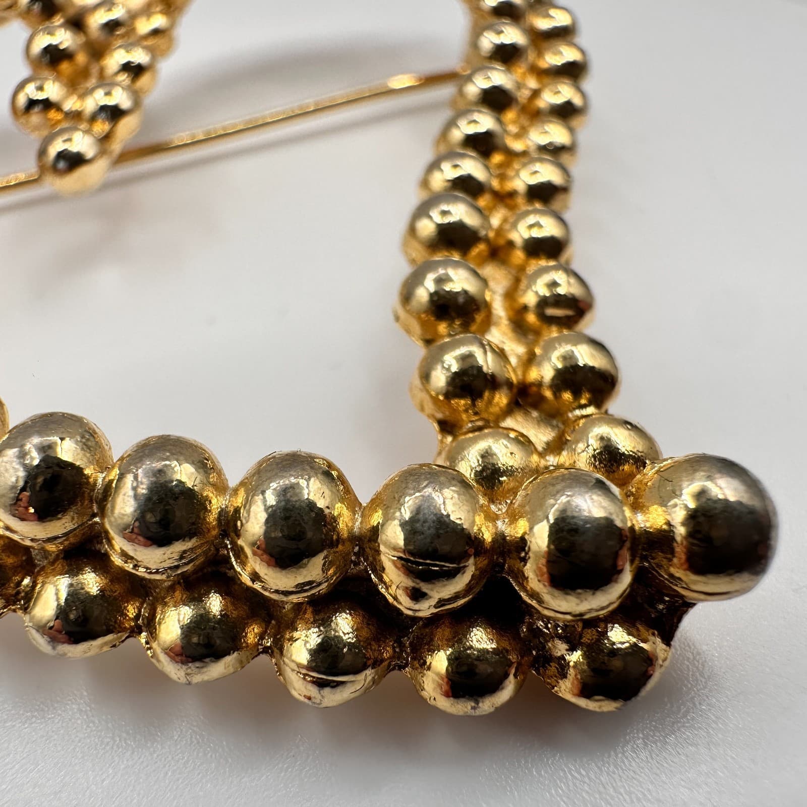 Vintage 90s Gold Tone Open Heart Brooch Pin Beaded Bubble Statement Jewelry - Thumbnail 6