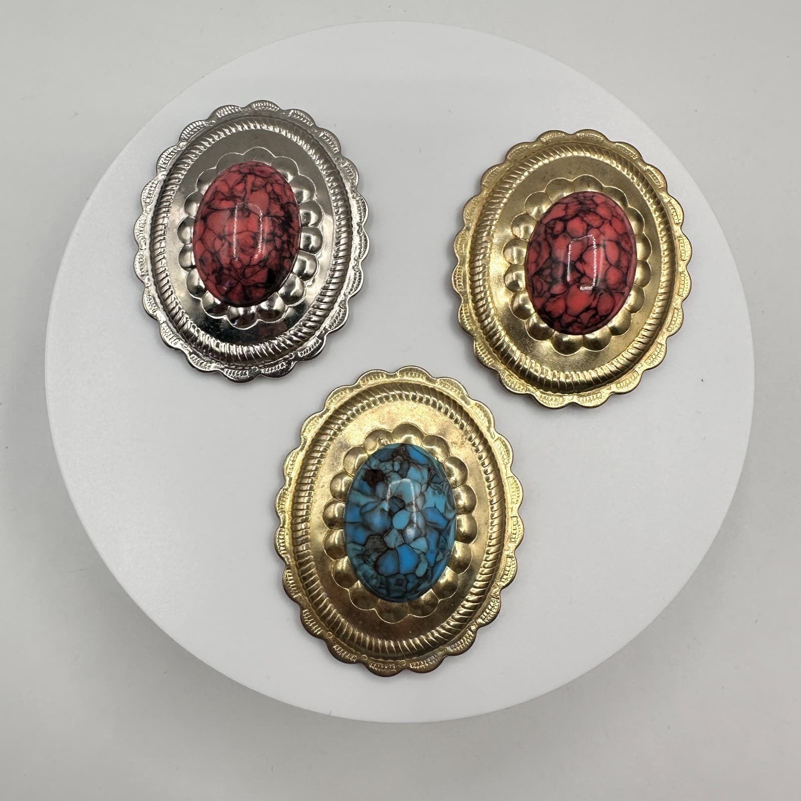 Vintage 90s Scalloped Oval Scarf Slides Set Faux Turquoise & Red Stone Jewelry - Image 1