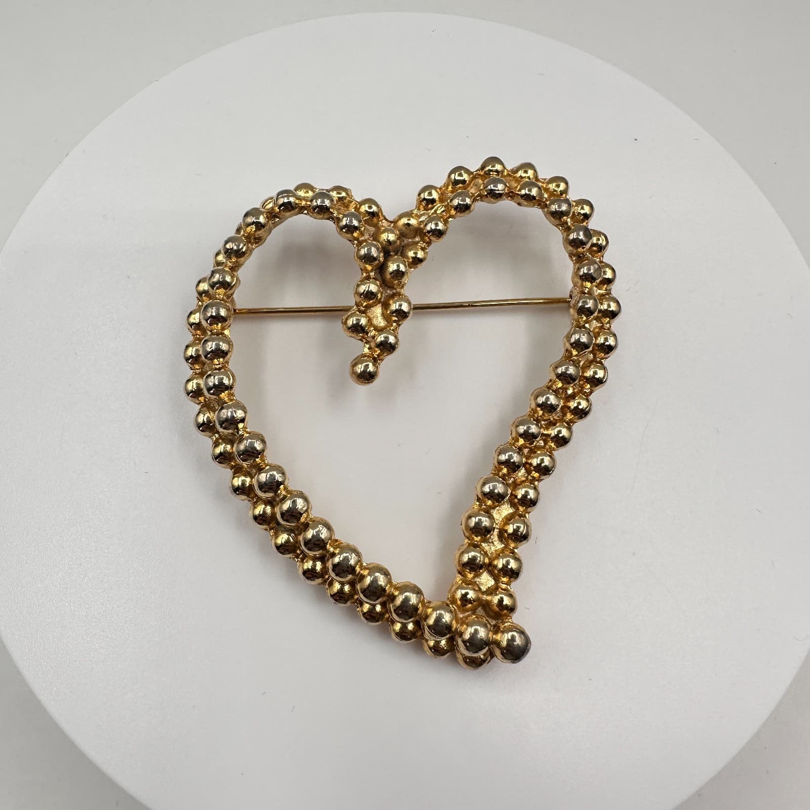 Vintage 90s Gold Tone Open Heart Brooch Pin Beaded Bubble Statement Jewelry - Image 1