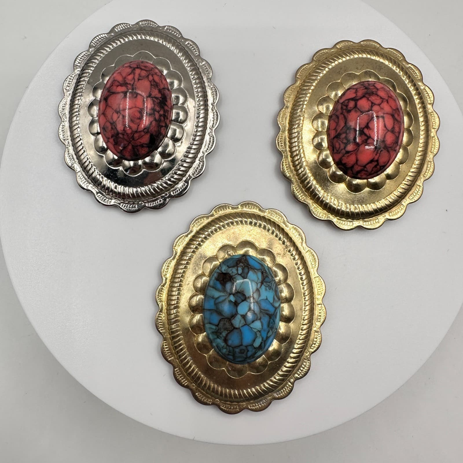 Vintage 90s Scalloped Oval Scarf Slides Set Faux Turquoise & Red Stone Jewelry - Thumbnail 2