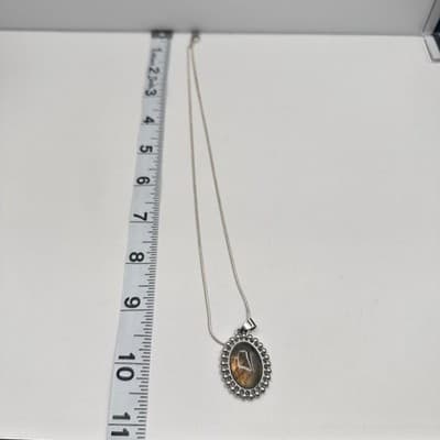 Vintage 90s Oval Labradorite Pendant Necklace Silver Tone Snake Chain Jewelry - Thumbnail 6