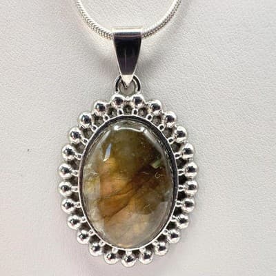 Vintage 90s Oval Labradorite Pendant Necklace Silver Tone Snake Chain Jewelry - Image 1