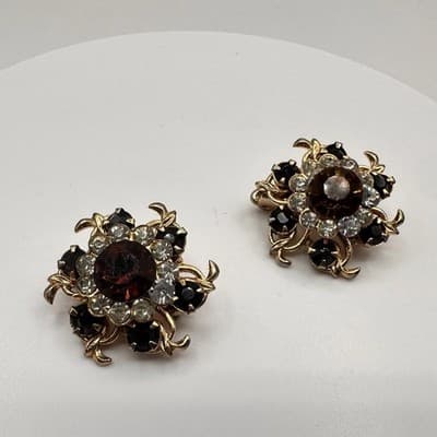 Vintage 90s Gold Tone Floral Pin Brooch Set Amber & Rhinestone Women's Jewelry - Thumbnail 2
