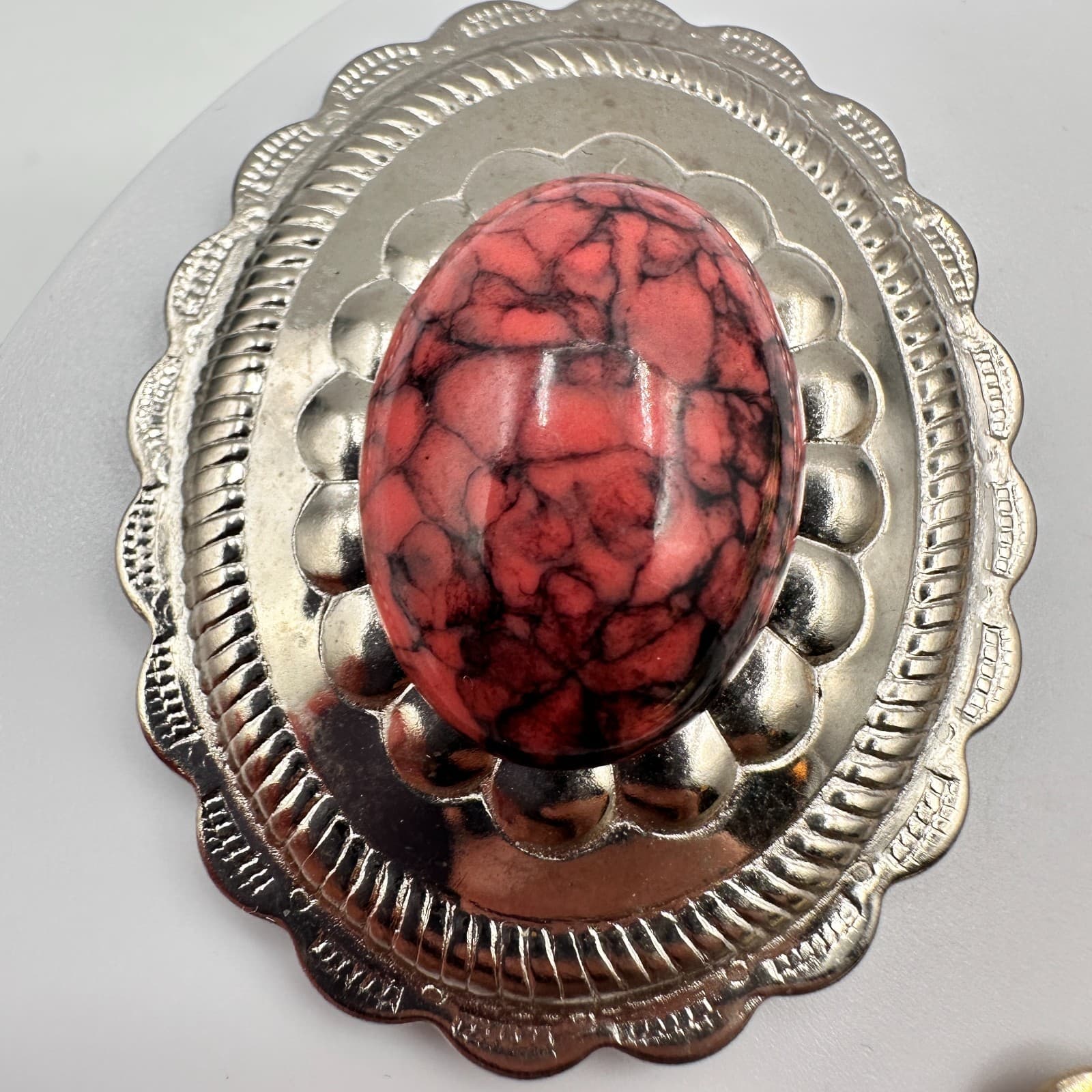 Vintage 90s Scalloped Oval Scarf Slides Set Faux Turquoise & Red Stone Jewelry - Thumbnail 5