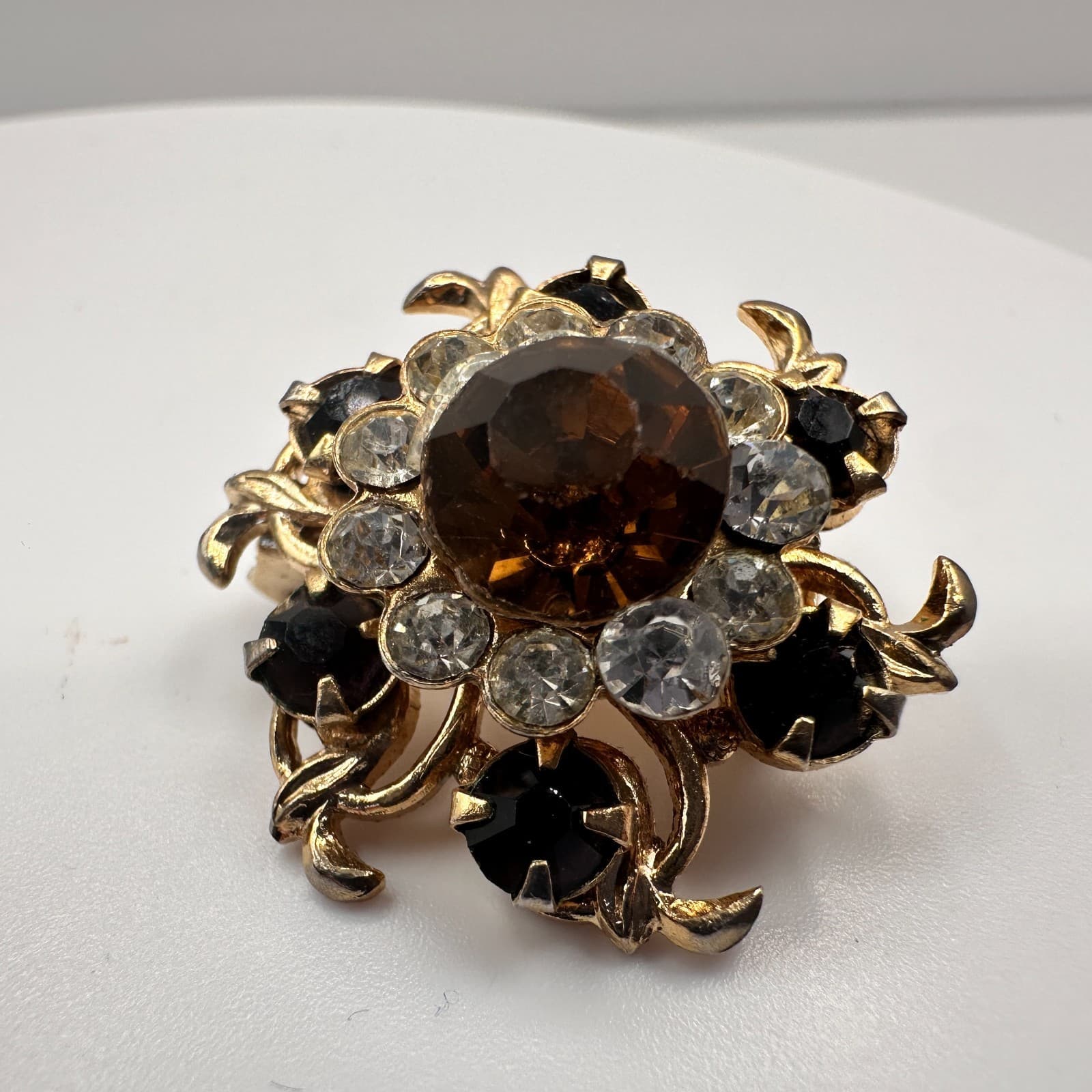 Vintage 90s Gold Tone Floral Pin Brooch Set Amber & Rhinestone Women's Jewelry - Thumbnail 4