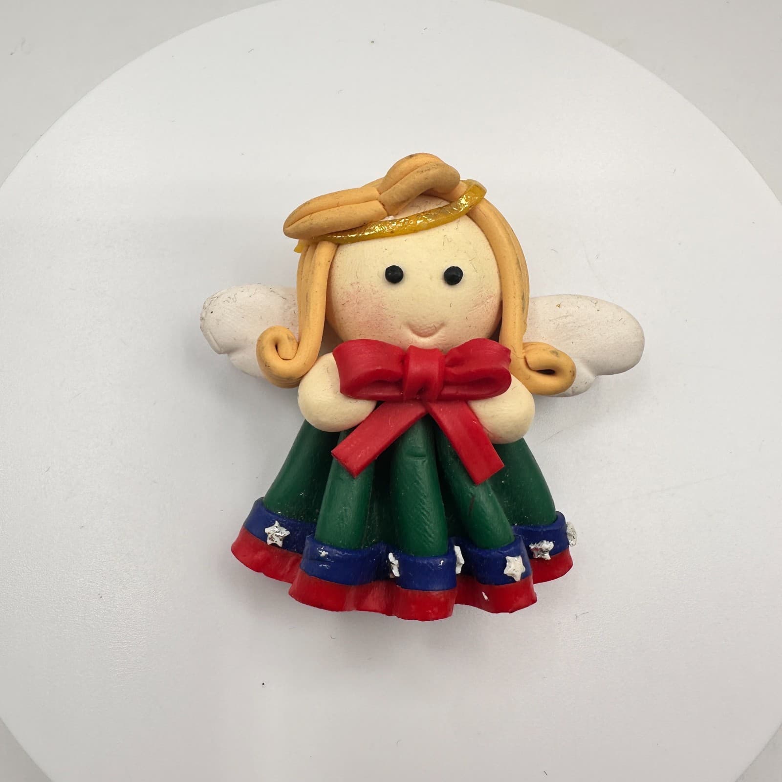 Vintage 90s Polymer Clay Angel Brooch Pin Handmade Christmas Holiday Jewelry - Image 1