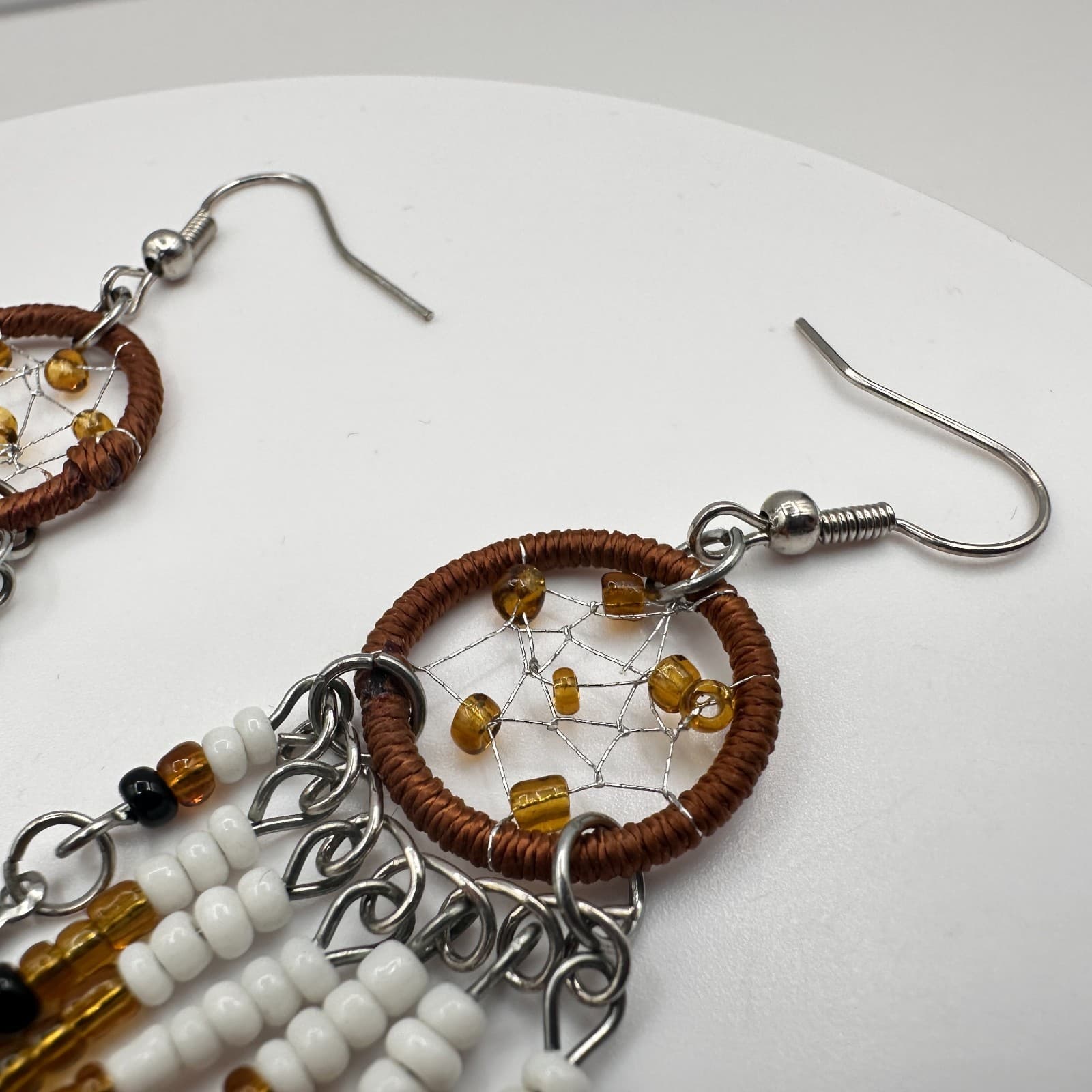 Vintage 90s Dreamcatcher Dangle Earrings Beaded Fringe Boho Silver Tone Jewelry - Thumbnail 5