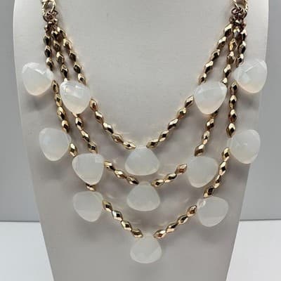 Vintage Y2K Multi Stand Gold Tone Statement Necklace White Faux Moonstone Beaded - Thumbnail 2