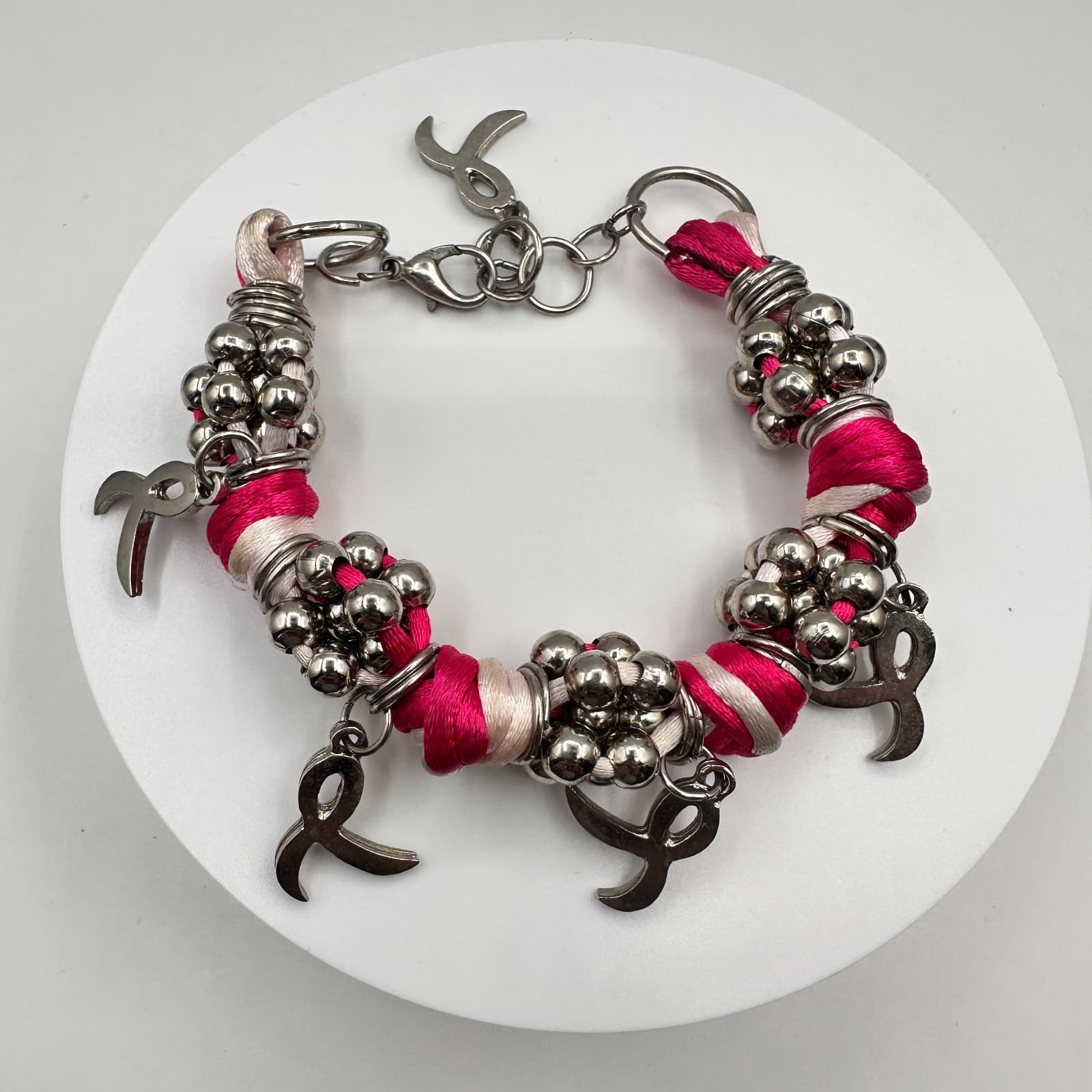 Vintage 90s Silk Ribbon Breast Cancer Awareness Bracelet Silver Tone Beaded - Image 1