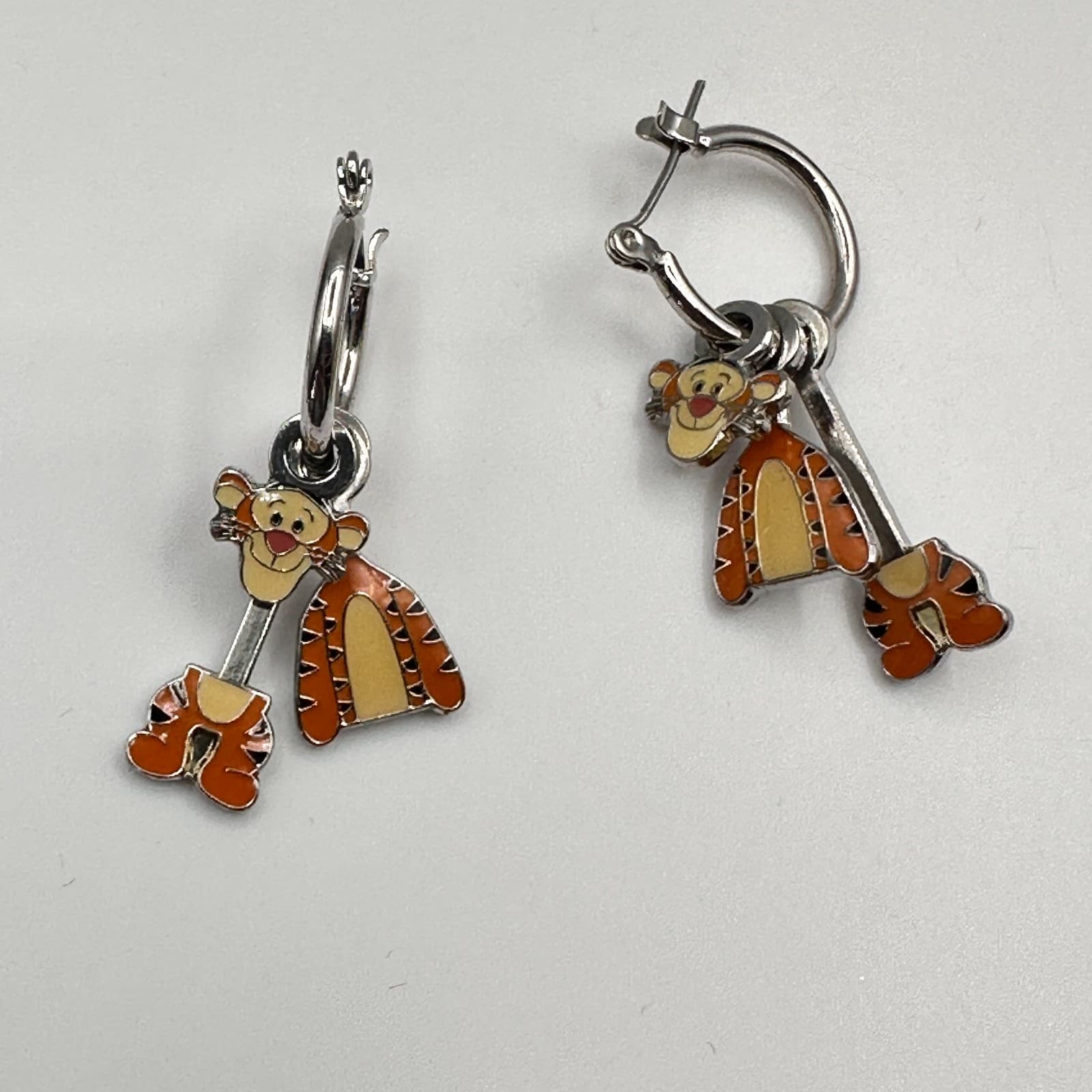 Vintage Y2K Disney Tigger Winnie the Pooh Hoop Earrings Dangle Silver Tone - Image 1