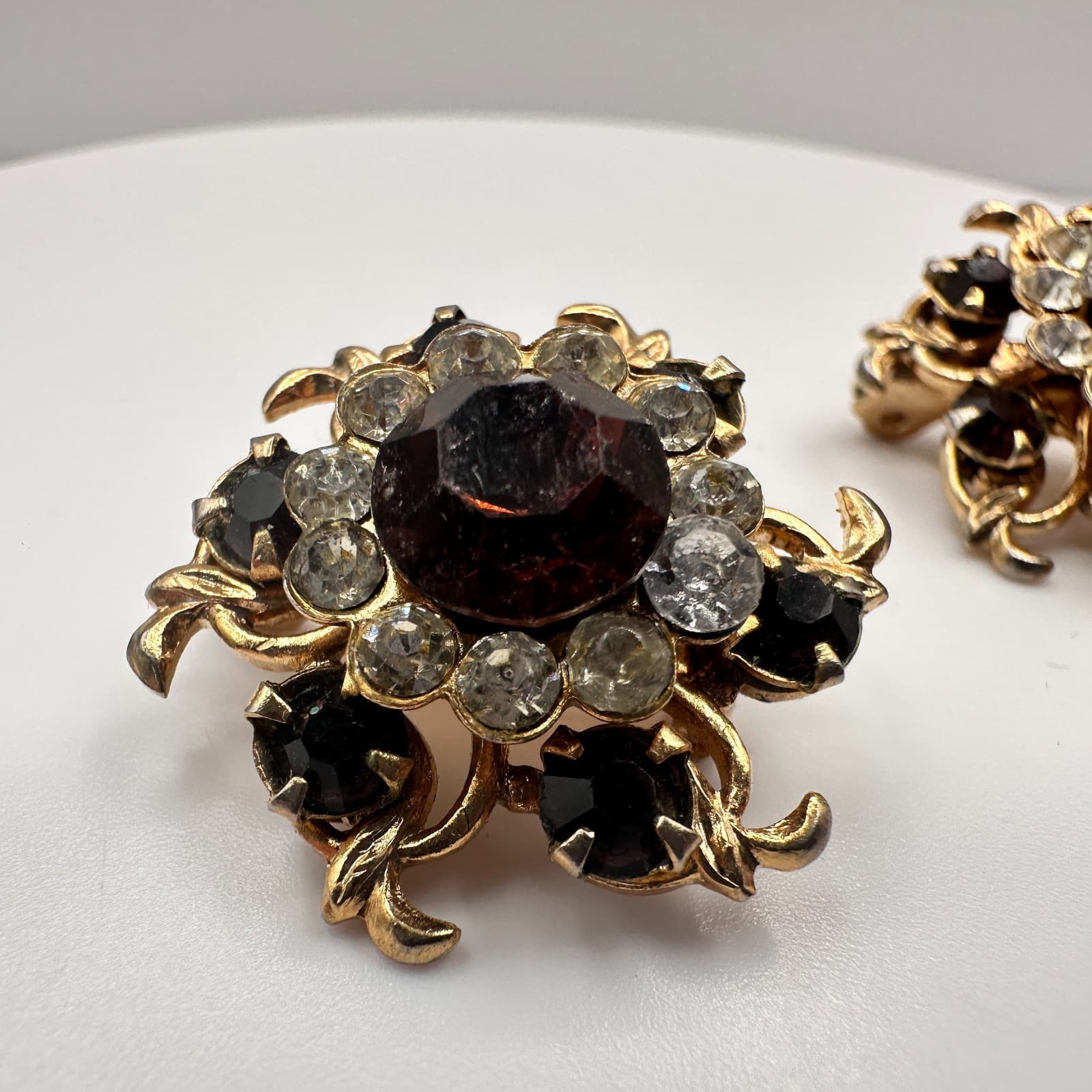 Vintage 90s Gold Tone Floral Pin Brooch Set Amber & Rhinestone Women's Jewelry - Thumbnail 3