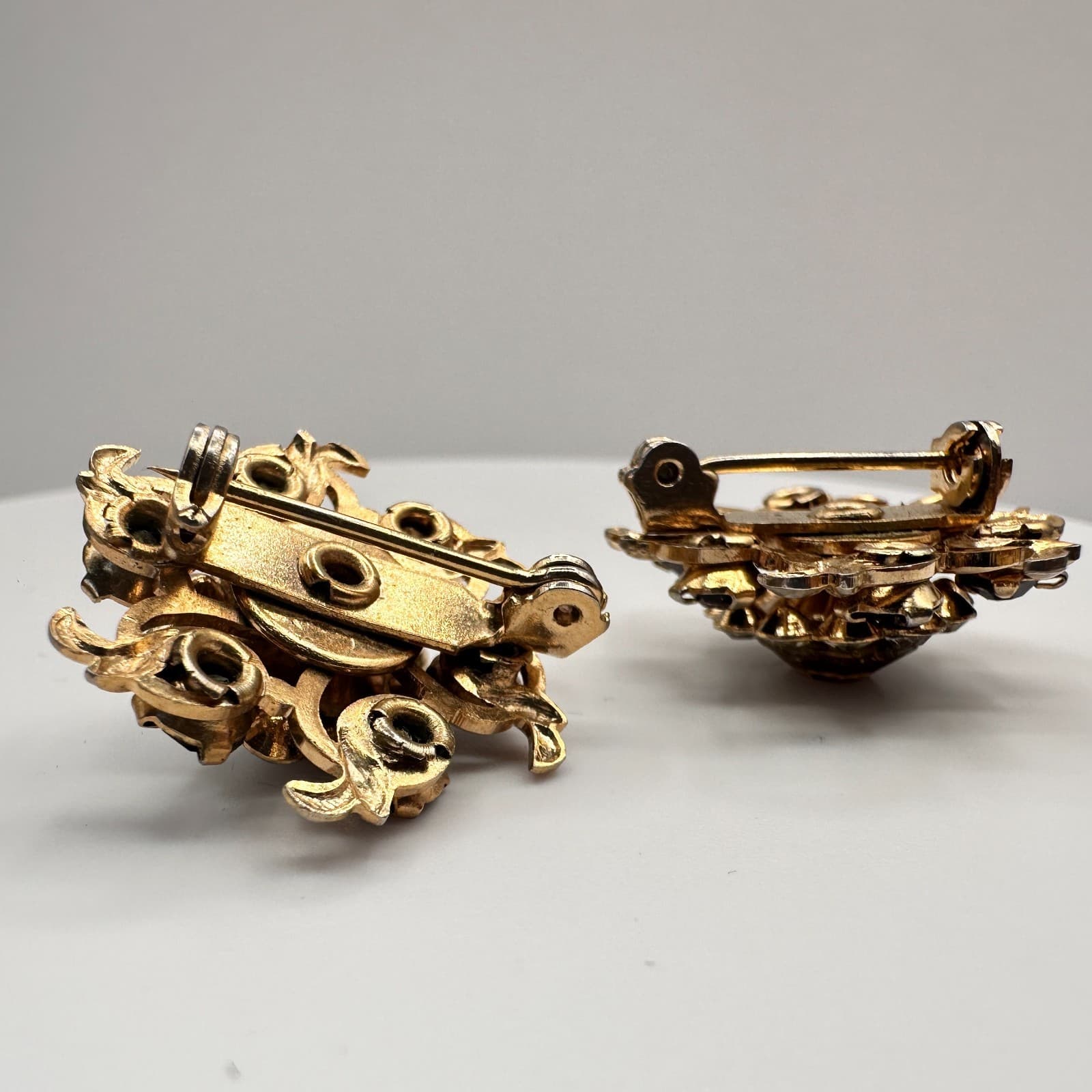 Vintage 90s Gold Tone Floral Pin Brooch Set Amber & Rhinestone Women's Jewelry - Thumbnail 6