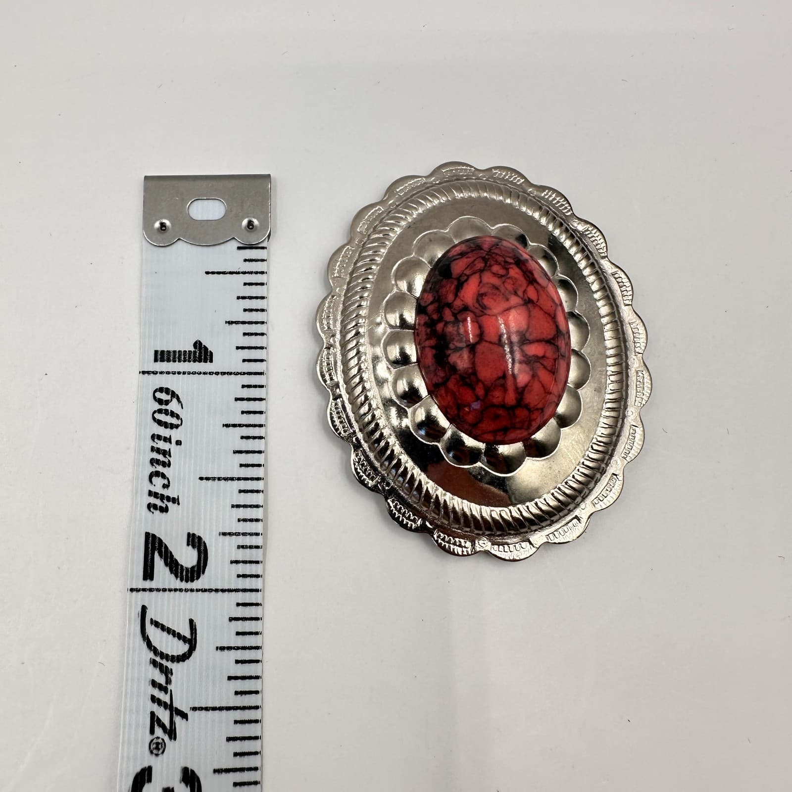 Vintage 90s Scalloped Oval Scarf Slides Set Faux Turquoise & Red Stone Jewelry - Thumbnail 7