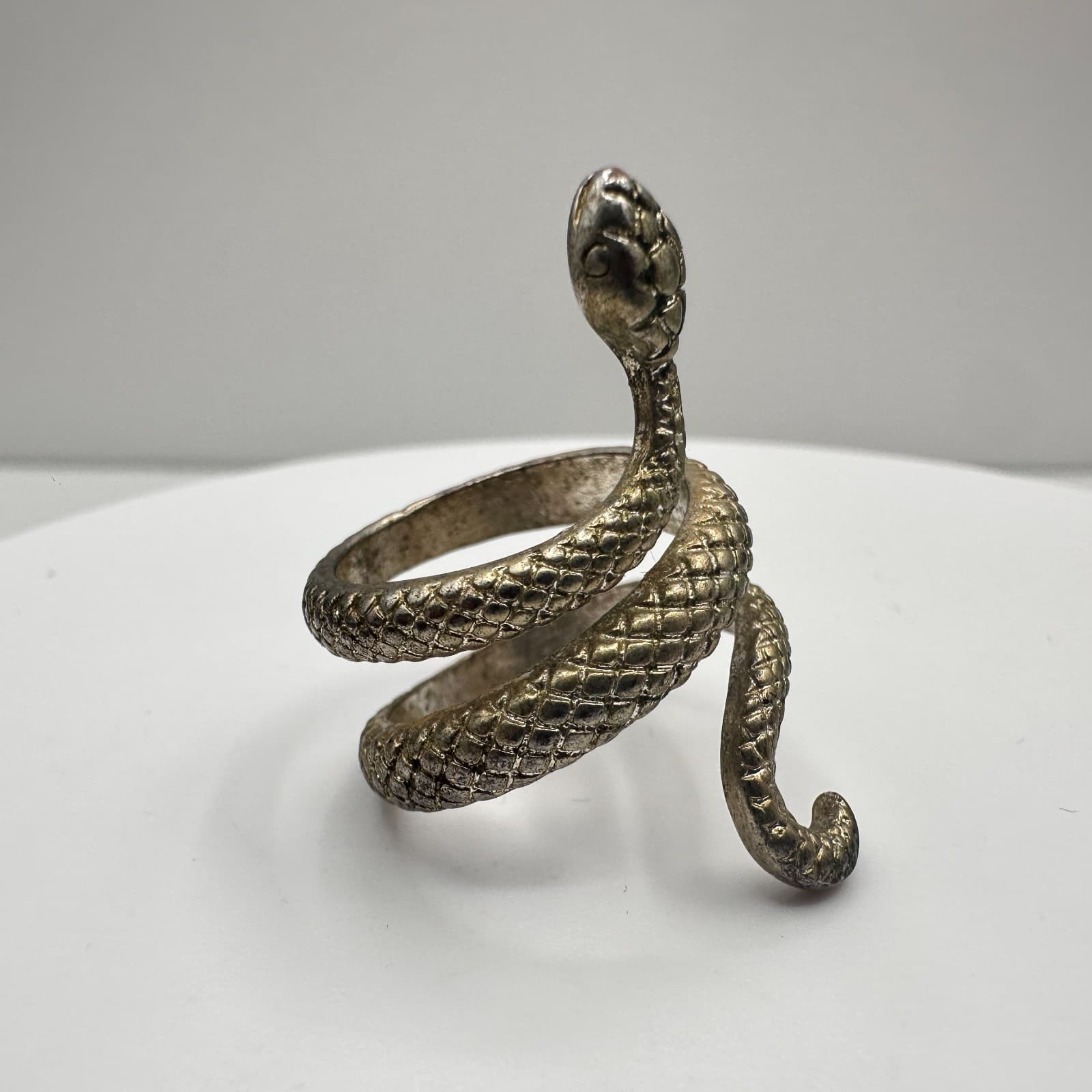 Vintage 80s Snake Wrap Ring Silver Tone Textured Scale Women's Classic Jewelry - Thumbnail 2