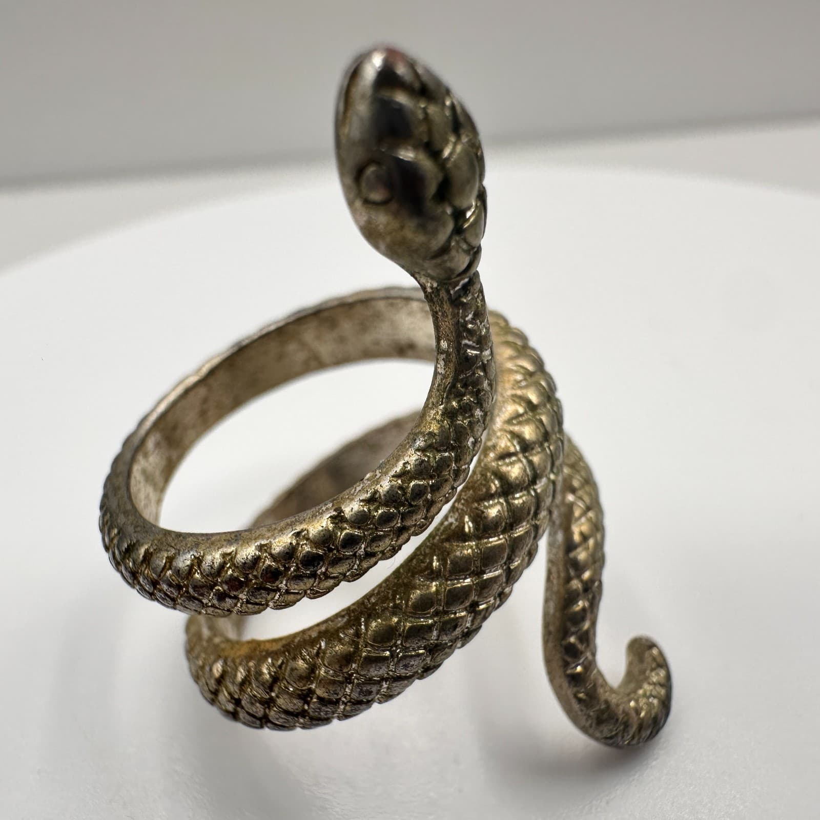 Vintage 80s Snake Wrap Ring Silver Tone Textured Scale Women's Classic Jewelry - Thumbnail 4