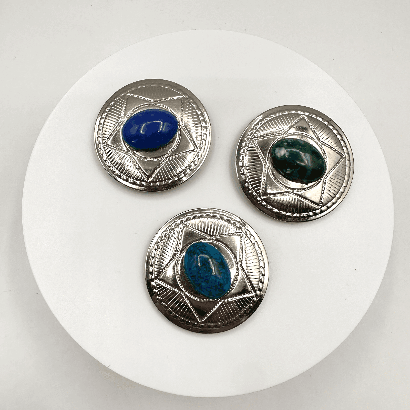 Vintage 90s Western Buttons Covers Set Silver Tone Faux Turquoise Lapis Malachit - Image 1