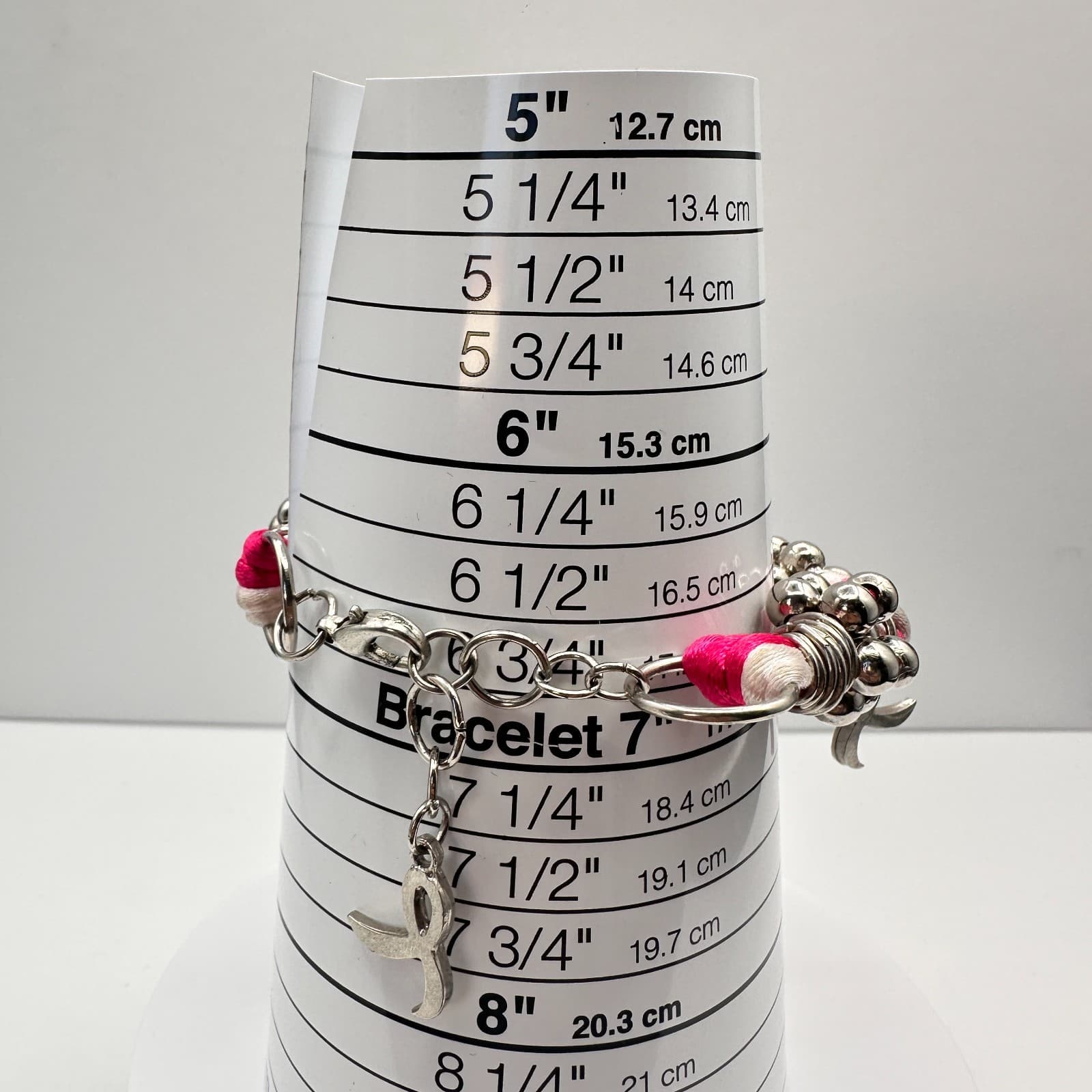 Vintage 90s Silk Ribbon Breast Cancer Awareness Bracelet Silver Tone Beaded - Thumbnail 7