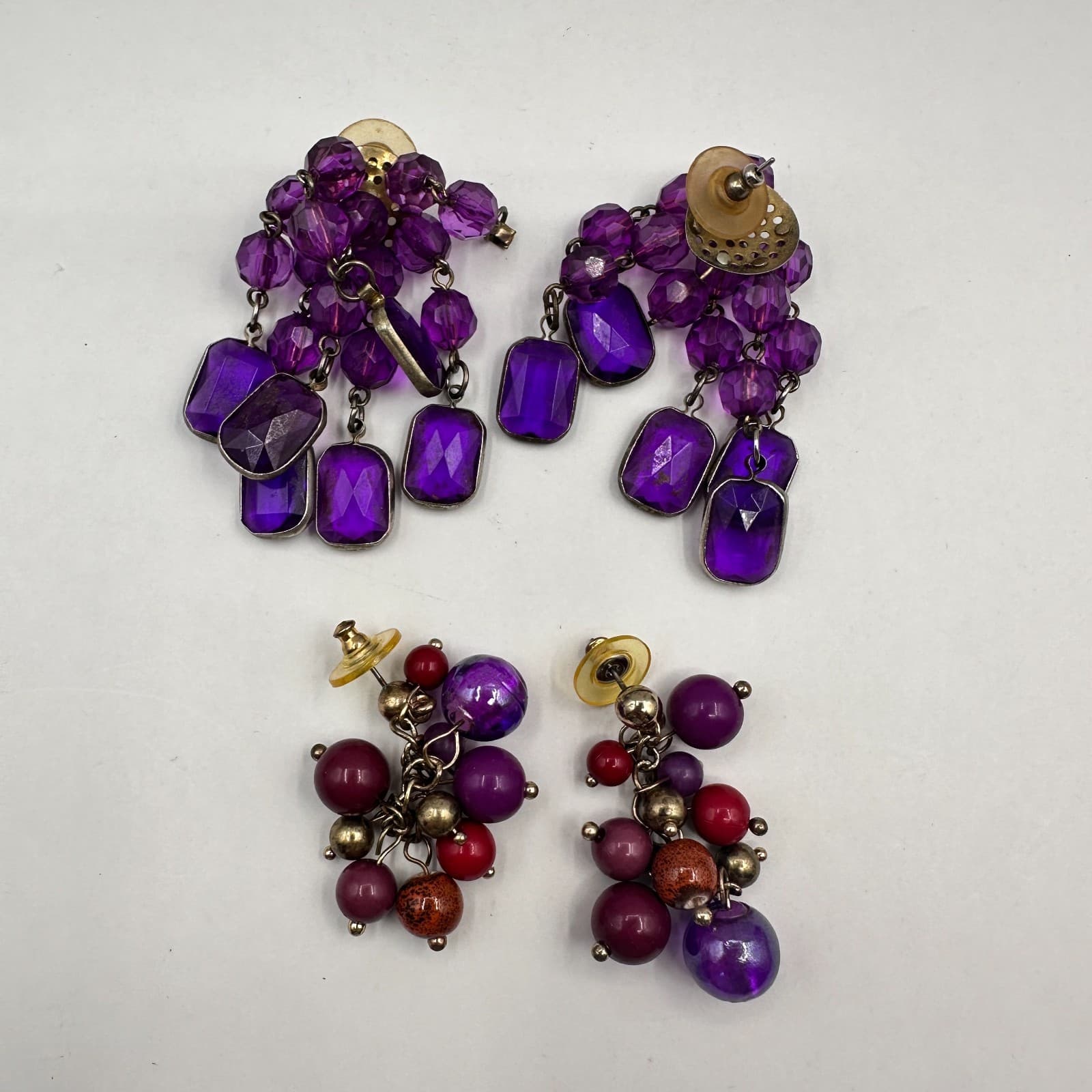 Vintage Y2K Purple Crystal Stone Dangle Earrings Set Beaded Boho Women's Jewelry - Thumbnail 2