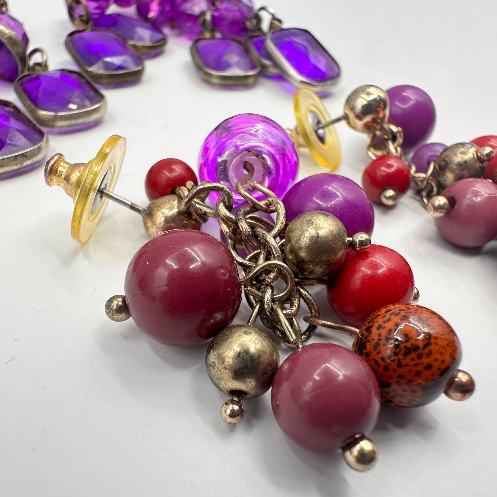 Vintage Y2K Purple Crystal Stone Dangle Earrings Set Beaded Boho Women's Jewelry - Thumbnail 4