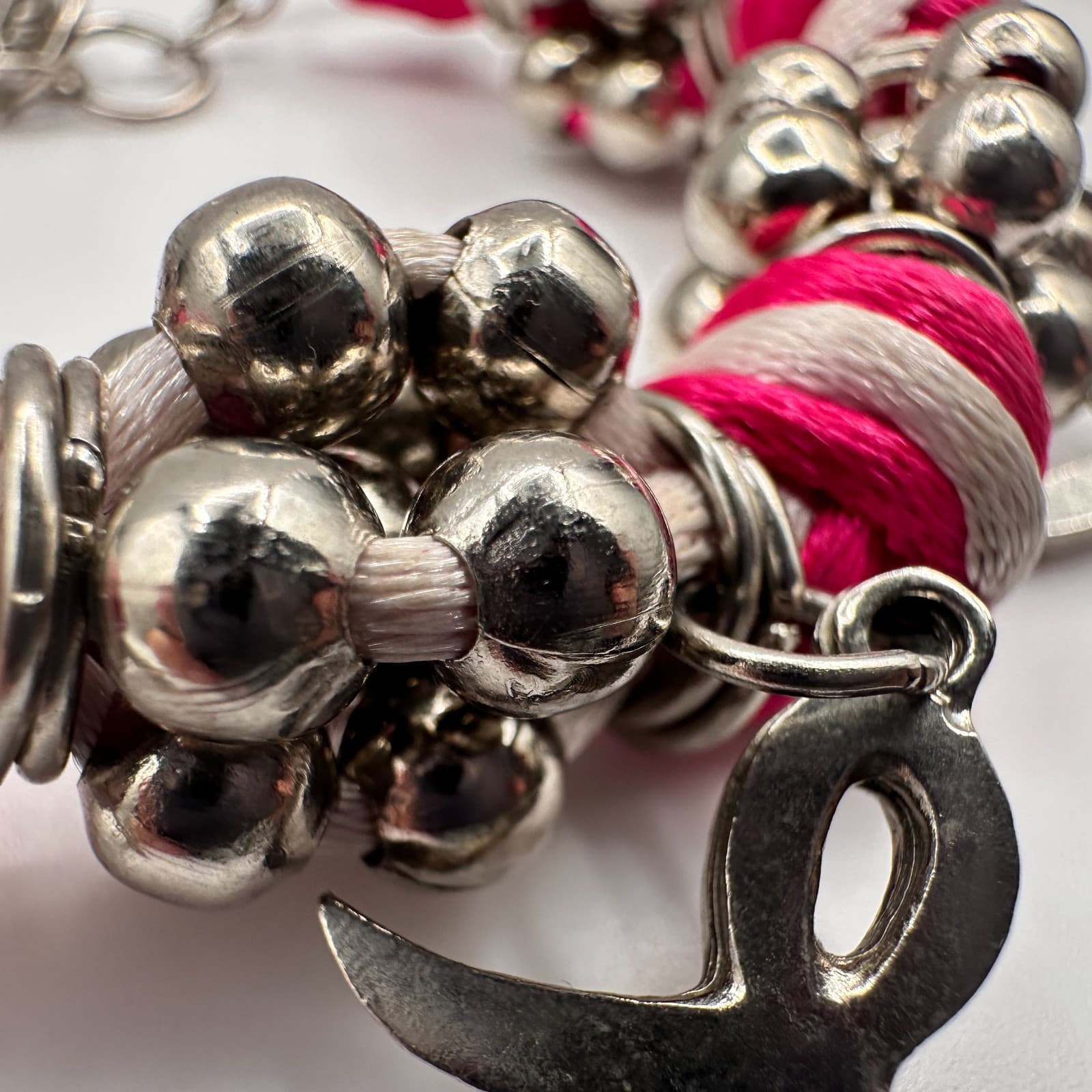 Vintage 90s Silk Ribbon Breast Cancer Awareness Bracelet Silver Tone Beaded - Thumbnail 5