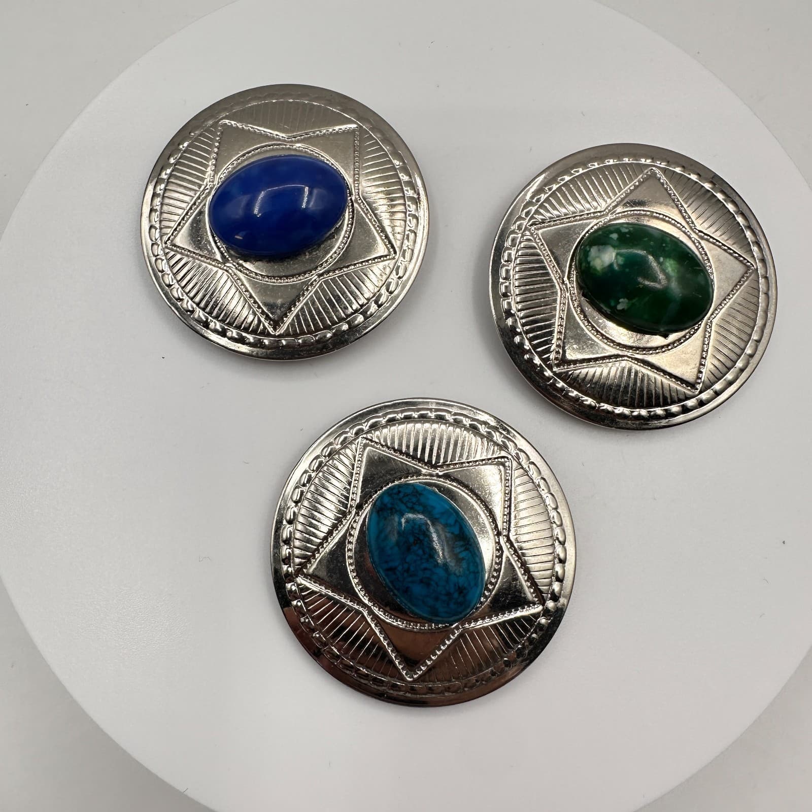 Vintage 90s Western Buttons Covers Set Silver Tone Faux Turquoise Lapis Malachit - Thumbnail 2