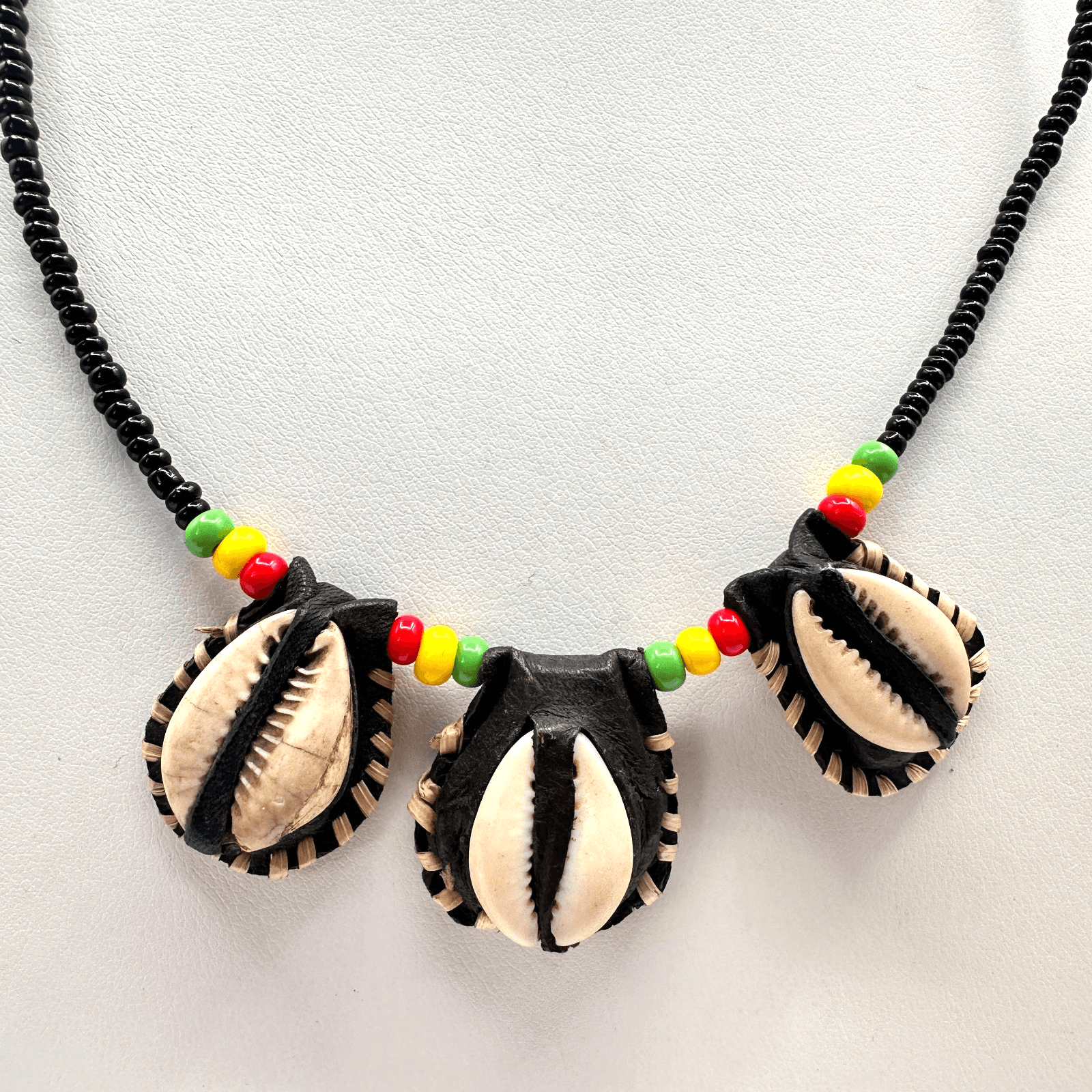 Vintage 90s Cowrie Shell Leather Necklace Afrocentric Boho Beaded Ethnic Jewelry - Image 1