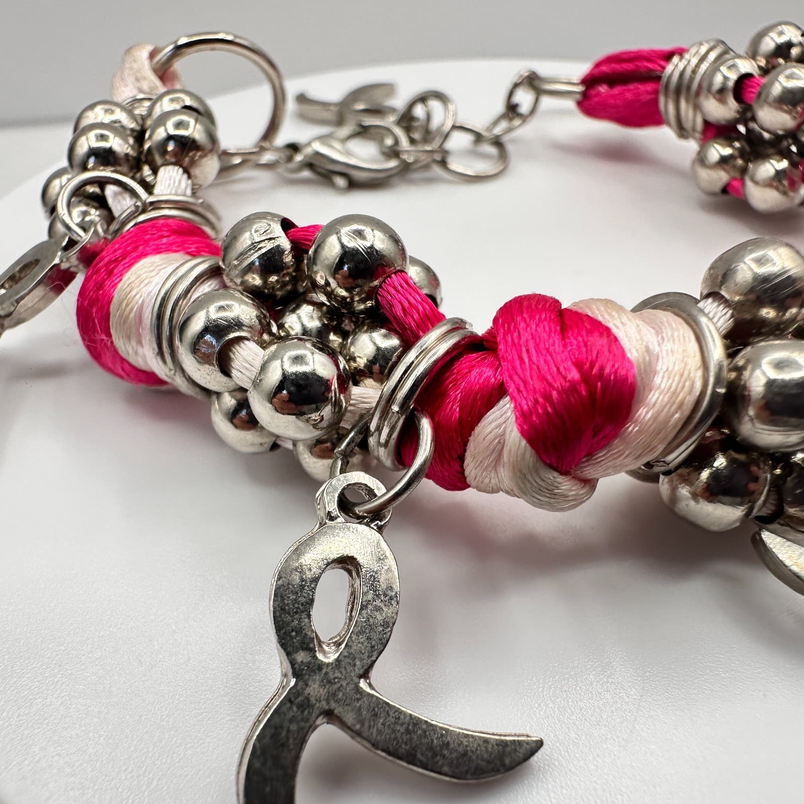 Vintage 90s Silk Ribbon Breast Cancer Awareness Bracelet Silver Tone Beaded - Thumbnail 2