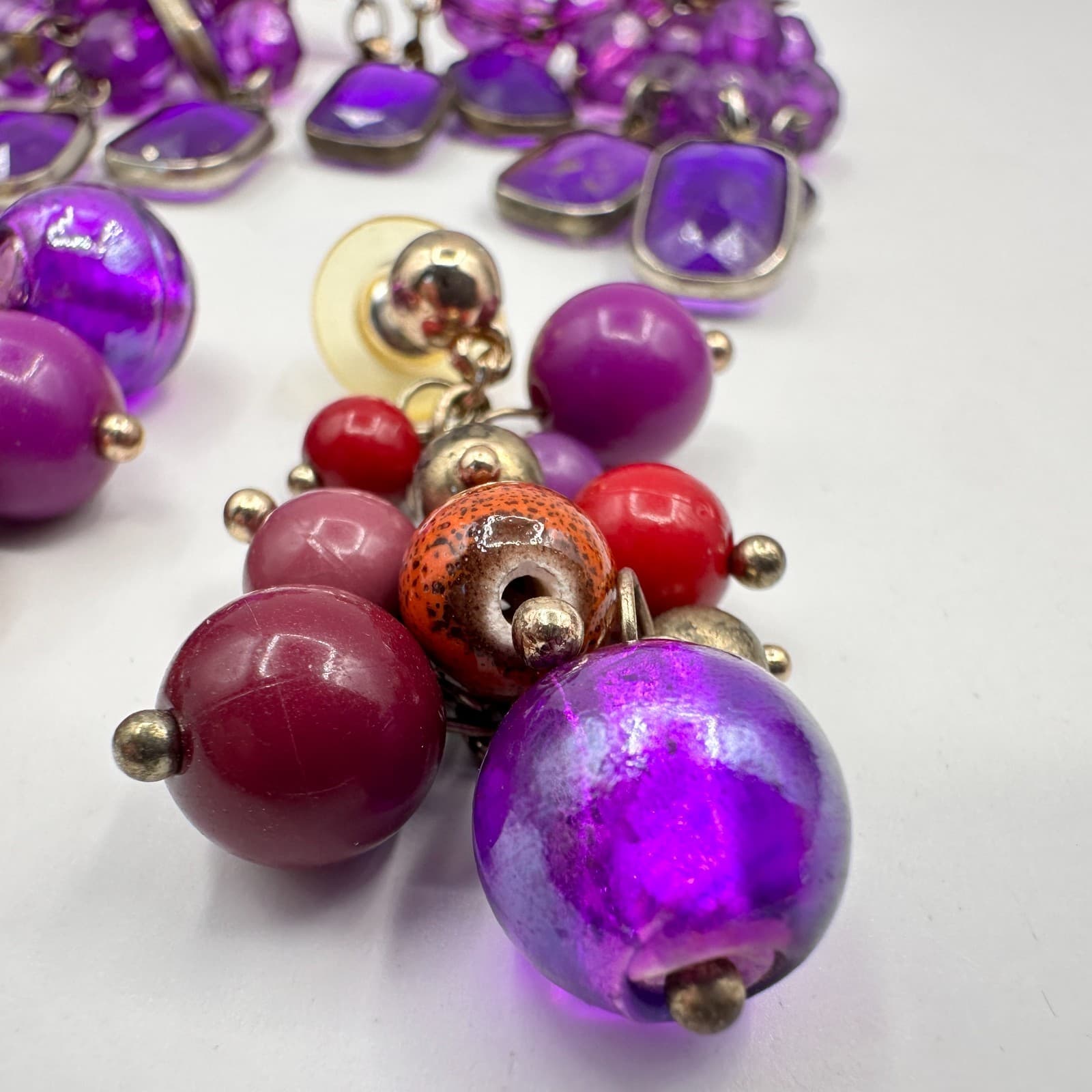 Vintage Y2K Purple Crystal Stone Dangle Earrings Set Beaded Boho Women's Jewelry - Thumbnail 3