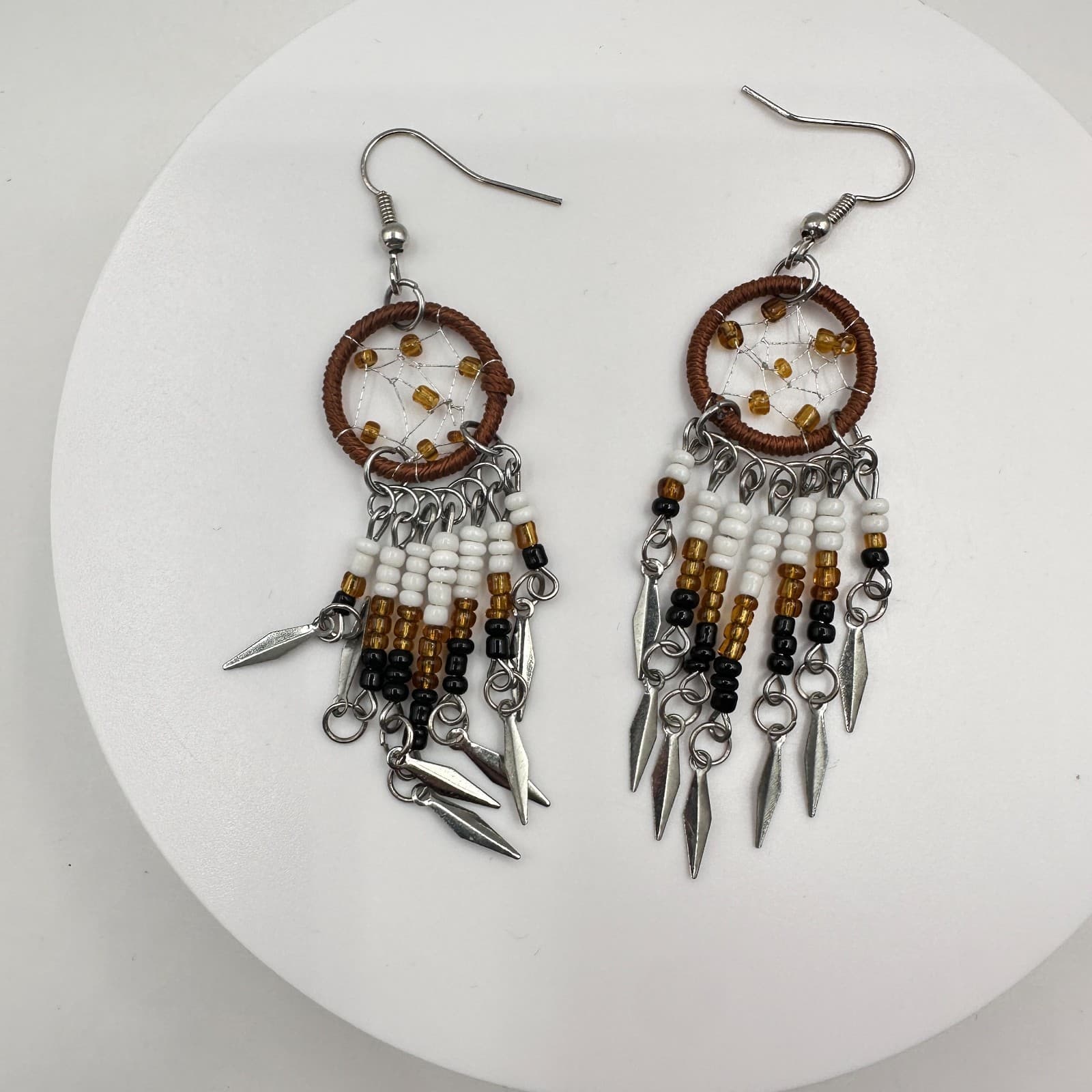 Vintage 90s Dreamcatcher Dangle Earrings Beaded Fringe Boho Silver Tone Jewelry - Thumbnail 2
