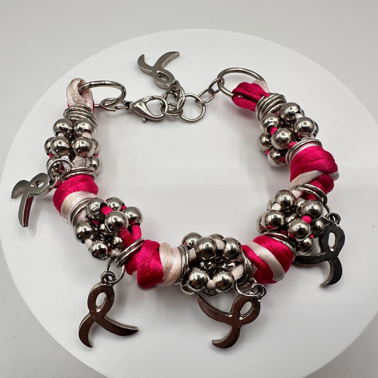 Vintage 90s Silk Ribbon Breast Cancer Awareness Bracelet Silver Tone Beaded - Thumbnail 3