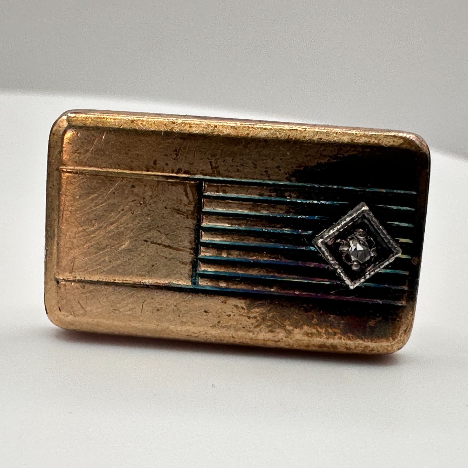 Vintage 80s 90s Gold Tone Rectangular Cufflinks Etched Stripe Clear Rhinestone - Thumbnail 2