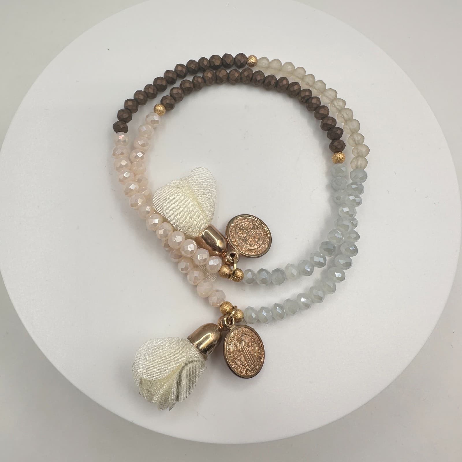 Vintage 90s Religious Medal Beaded Stretch Bracelet Boho Tassel Neutral Tones - Image 1