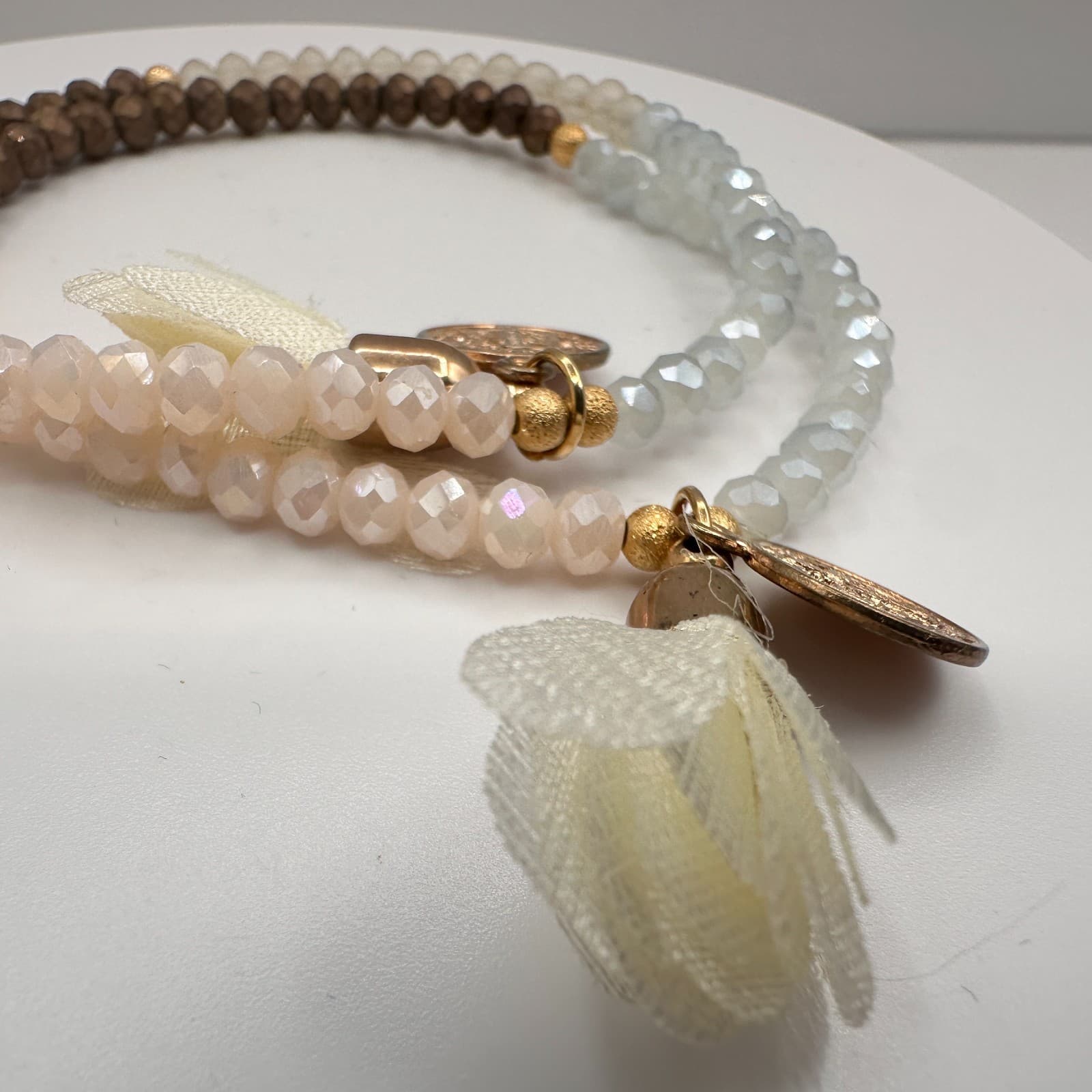 Vintage 90s Religious Medal Beaded Stretch Bracelet Boho Tassel Neutral Tones - Thumbnail 4