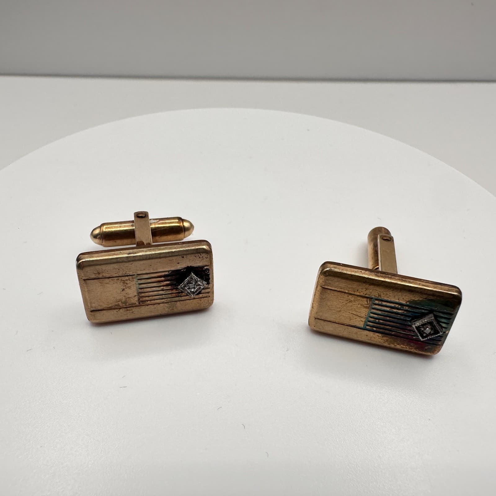 Vintage 80s 90s Gold Tone Rectangular Cufflinks Etched Stripe Clear Rhinestone - Thumbnail 3