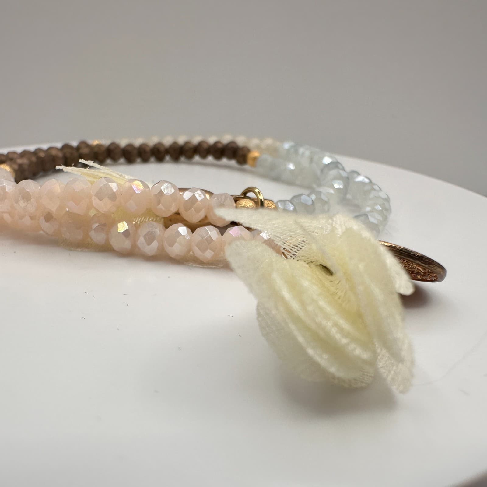 Vintage 90s Religious Medal Beaded Stretch Bracelet Boho Tassel Neutral Tones - Thumbnail 3