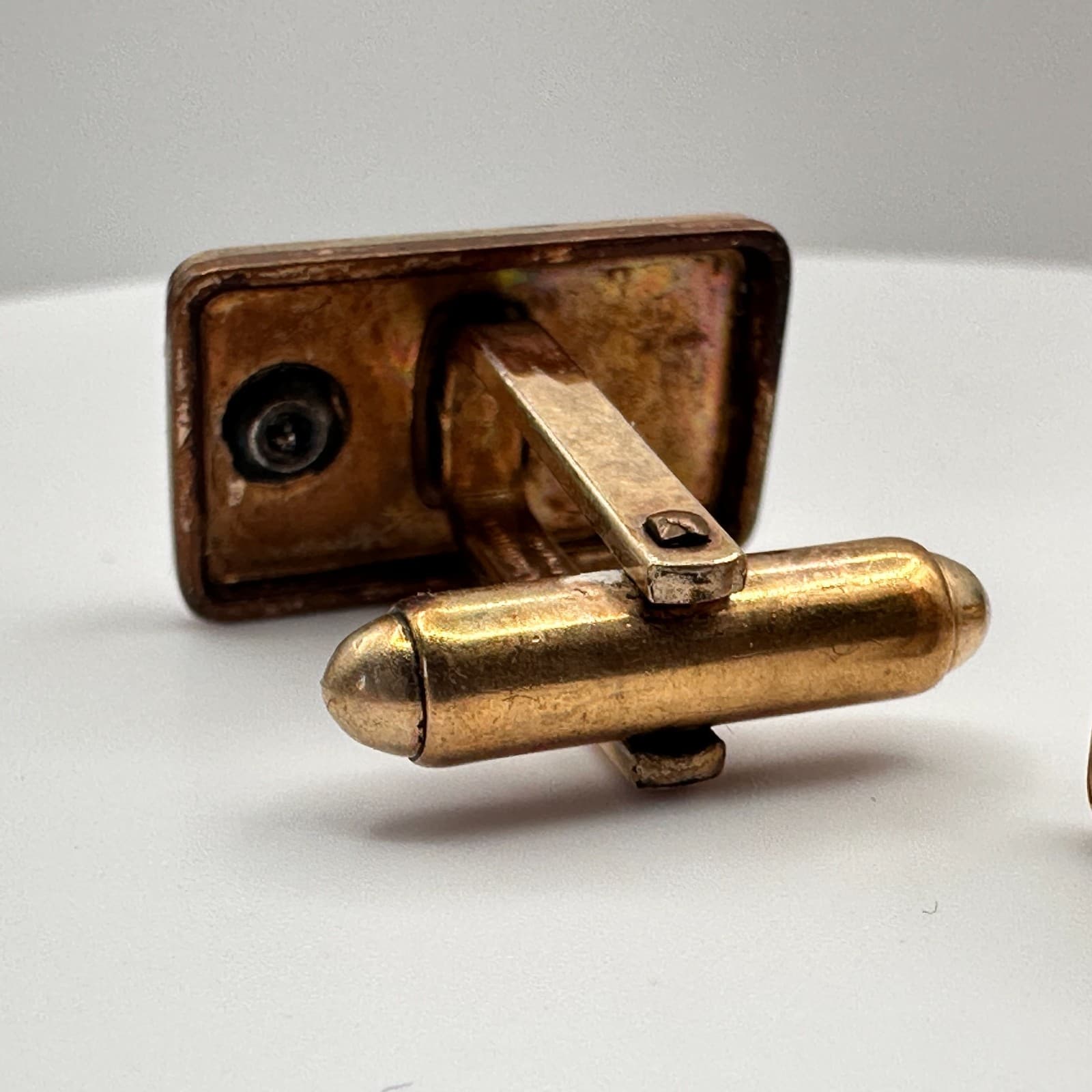 Vintage 80s 90s Gold Tone Rectangular Cufflinks Etched Stripe Clear Rhinestone - Thumbnail 4