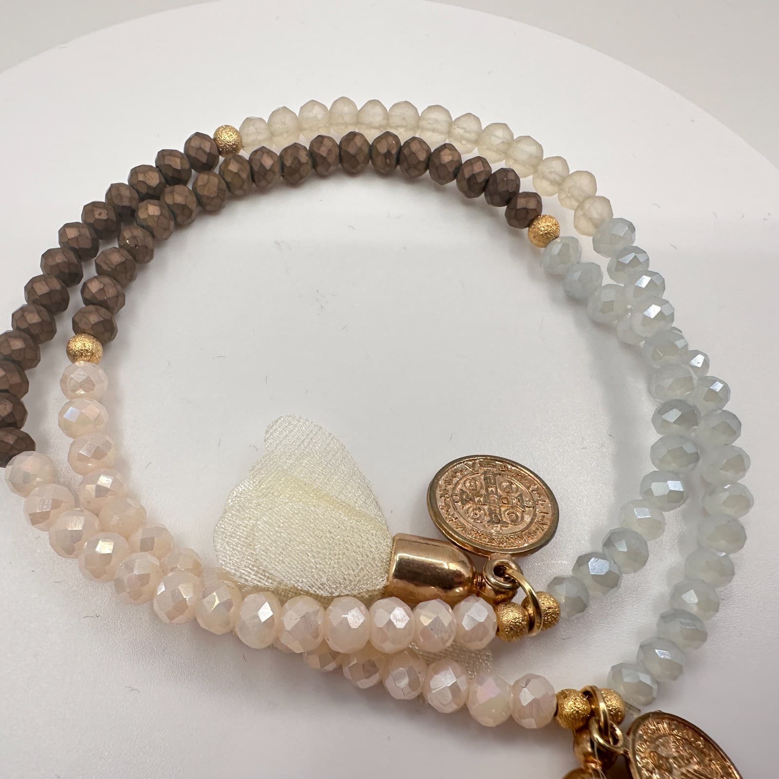 Vintage 90s Religious Medal Beaded Stretch Bracelet Boho Tassel Neutral Tones - Thumbnail 6