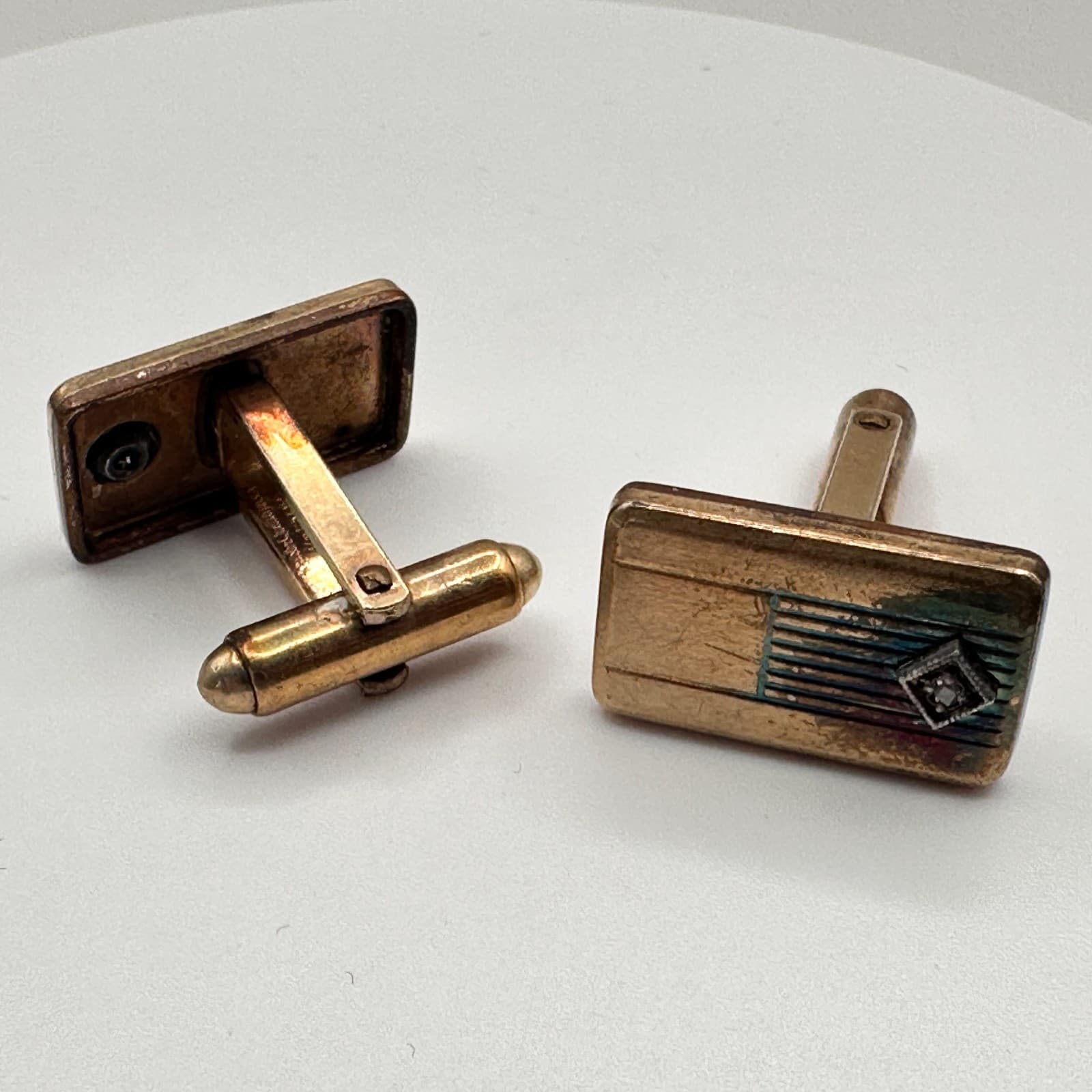 Vintage 80s 90s Gold Tone Rectangular Cufflinks Etched Stripe Clear Rhinestone - Thumbnail 5
