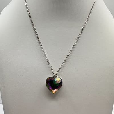 Vintage 90s Iridescent Rainbow Heart Pendant Necklace Silver Tone Boho Jewelry - Thumbnail 2