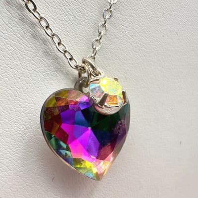 Vintage 90s Iridescent Rainbow Heart Pendant Necklace Silver Tone Boho Jewelry - Image 1