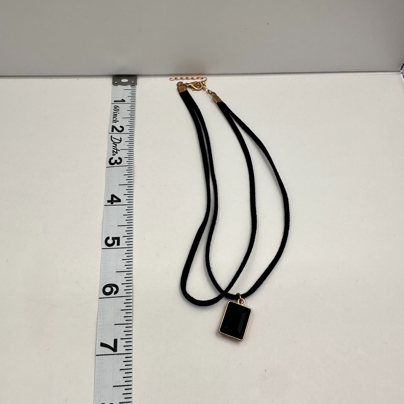 Vintage 90s Black Emerald Cut Onyx Glass Pendant Double Suede Cord Necklace - Thumbnail 8