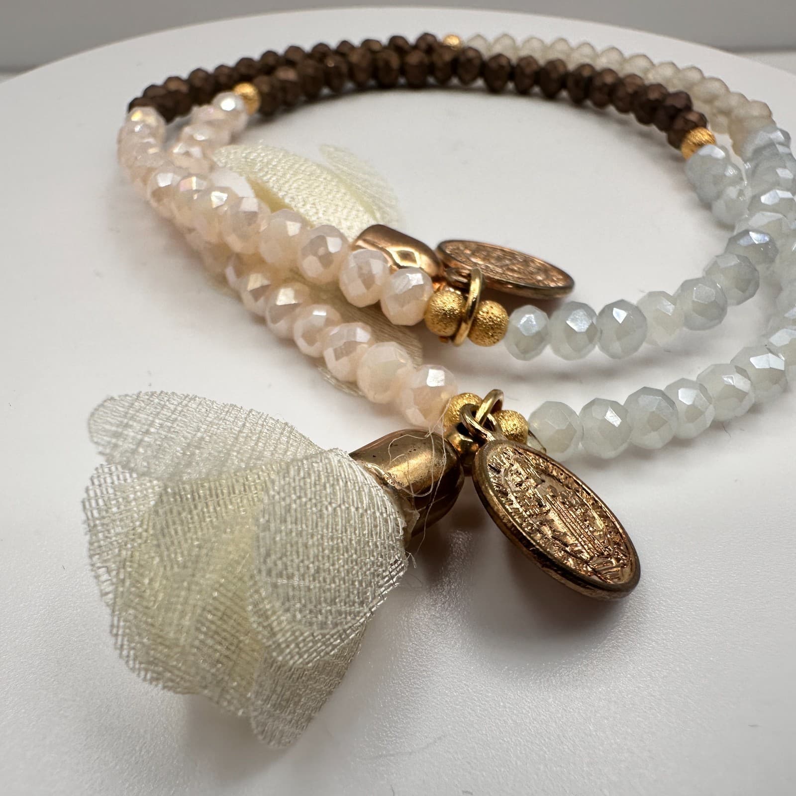 Vintage 90s Religious Medal Beaded Stretch Bracelet Boho Tassel Neutral Tones - Thumbnail 2