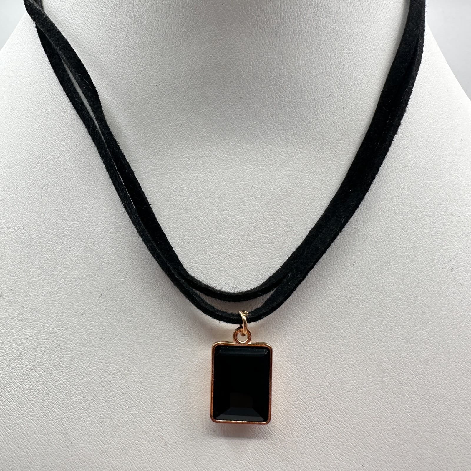 Vintage 90s Black Emerald Cut Onyx Glass Pendant Double Suede Cord Necklace - Image 1