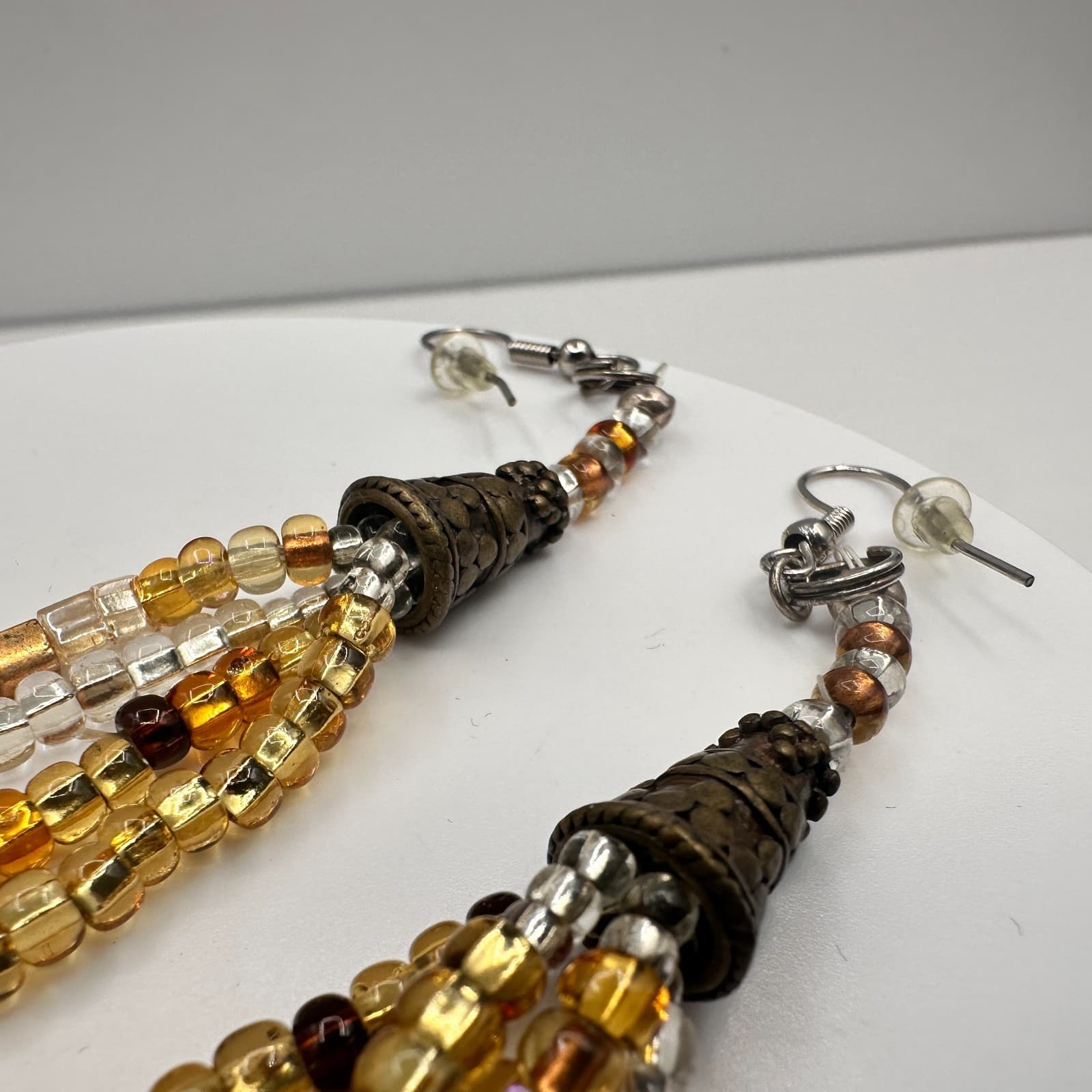 Vintage 90s Multi-Strand Glass Bead Tassel Dangle Earrings Amber Gold Tone Boho - Thumbnail 4