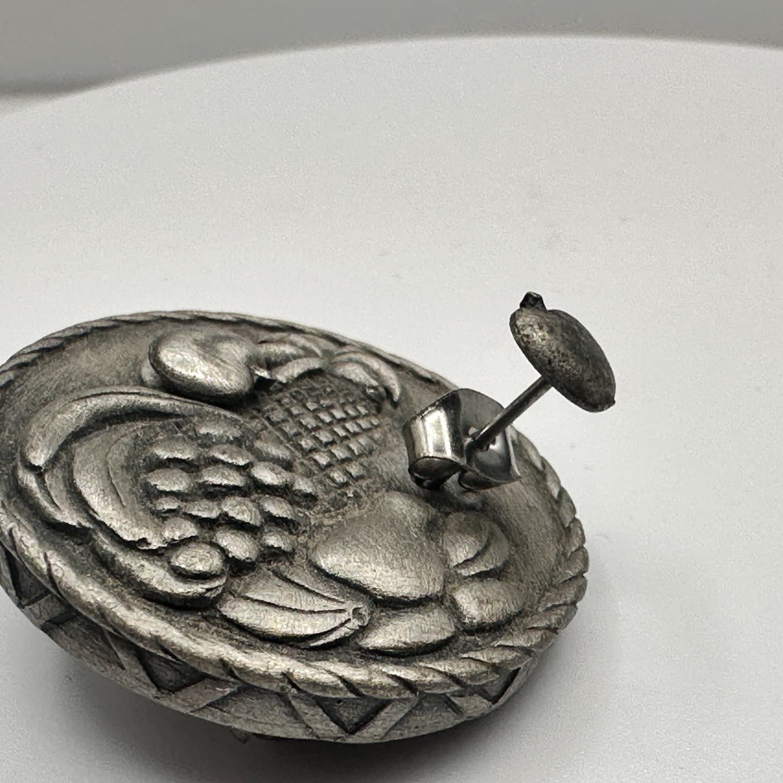 Vintage 80s JJ Pewter Fruit Basket Brooch & Stud Earrings Set Silver Tone - Thumbnail 5