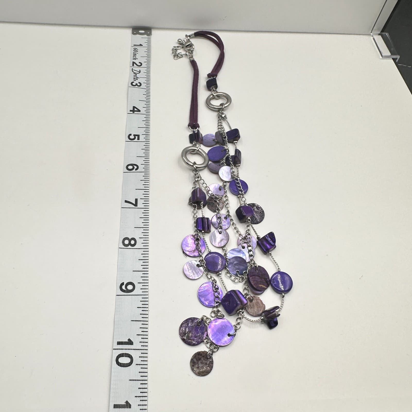 Vintage 90s Purple Shell Layered Statement Necklace Silver Tone Fashion Jewelry - Thumbnail 10