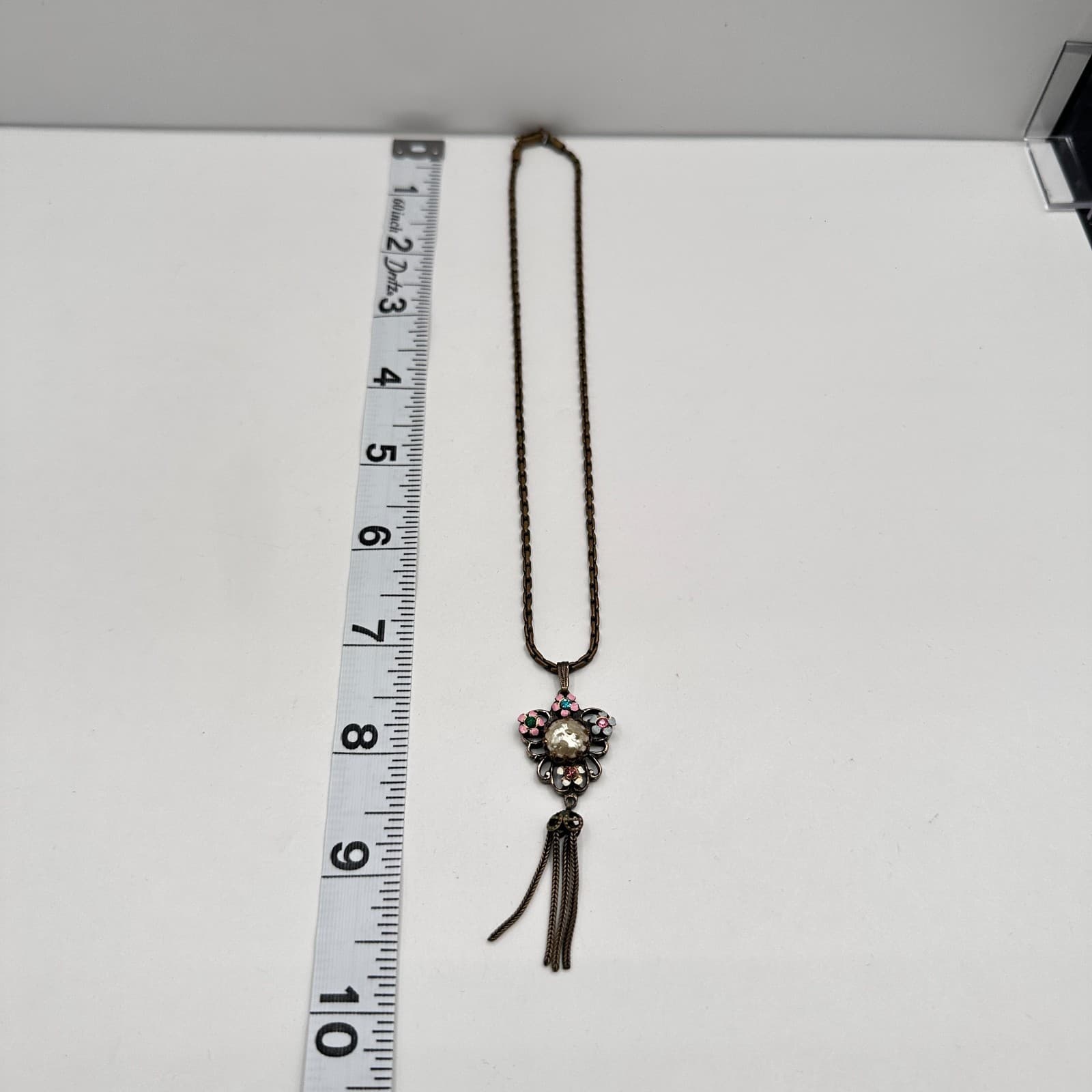 Vintage 80s Enamel Floral Tassel Necklace Faux Pearl Glass Bronze Tone Jewelry - Thumbnail 8